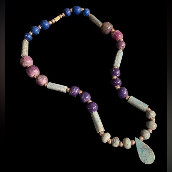 Vintage Estate Jewelry Chunky Marble Stone Bead Necklace Turquoise Blue Purple - Picture 5 of 16